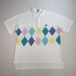 VTG Izod Lacoste Polo Mens M White Diamond 100% Cotto Golf Single Stitch *HOLE*